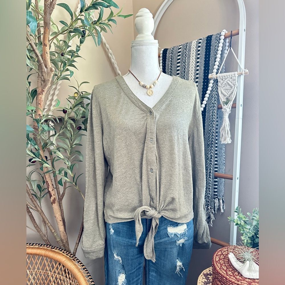 Marled Olive Tie Front Button Cardigan Top Boho Lightweight Size M